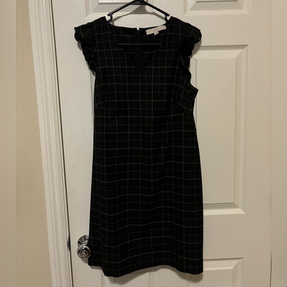 LOFT Black Check Plaid Ruffle Sheath Dress, Size 6P - Picture 3 of 9
